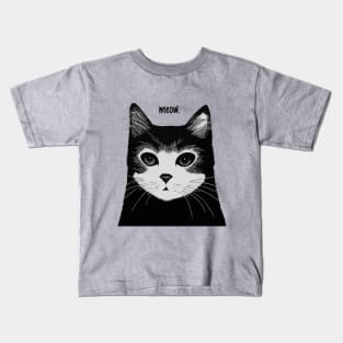 Meow || Grayscale Cat Portrait || Cute Vector Art Cat Kids T-Shirt